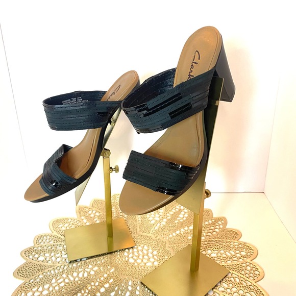 Clarks Womens Black Leather Two Strap Block Heel Slide Sandals Size 7.5M 13276 - Picture 3 of 8